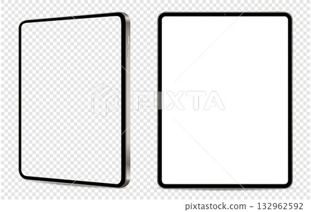 Realistic tablet mockup. Front and side view with white and empty screen on transparent background. Realistic tablet mockup. Front and side view with white and empty screen on transparent background. 132962592