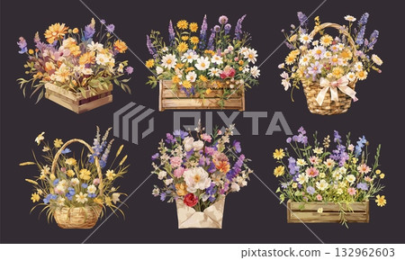 Wildflower bouquet watercolor. Flower in wooden box envelope basket, yellow white chamomile lavender cornflower blue decor decoration postcard vector illustration 132962603