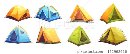 Tents set cartoon. Yellow blue green camping tent, tourism nature summer hike camping symbol vector illustration 132962616