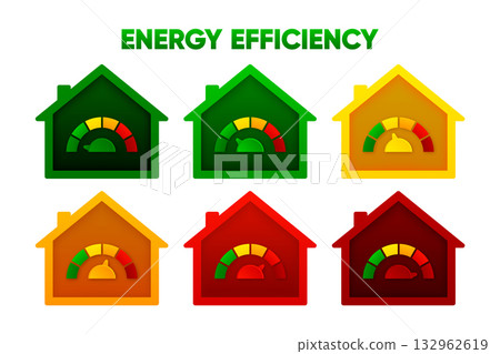 Energy Efficiency house. Concept of Energy Efficiency of housing. Chart concept. Speed risk. Smart eco house improvement. Concept graphic certification system element. Vector illustration. Energy Efficiency house. Concept of Energy Efficiency of housing. Chart concept. Speed risk. Smart eco house improvement. Concept graphic certification system element. Vector illustration. 132962619