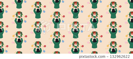 New Year and Christmas pattern featuring a wreath and Christmas tree baubles on a beige pastel background. Perfect for wrapping paper, cards, and festive banners New Year and Christmas pattern featuring a wreath and Christmas tree baubles on a beige pastel background. Perfect for wrapping paper, cards, and festive banners 132962622