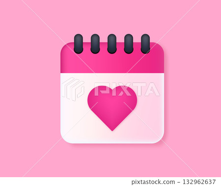 Calendar Date with Heart 3D. Daily wedding event schedule planner, valentines day. Menstrual calendar for control women cycle. Vector illustration. Calendar Date with Heart 3D. Daily wedding event schedule planner, valentines day. Menstrual calendar for control women cycle. Vector illustration. 132962637