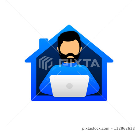 Work at Home. Man works from home. Remote job for employee or freelance in a house office modern logo. Vector illustration. Work at Home. Man works from home. Remote job for employee or freelance in a house office modern logo. Vector illustration. 132962638