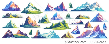 Mountain cartoon set. Green snowy mountain rock, nature tourism hike climbing mountaineering Everest Elbrus element map landscape vector illustration 132962644