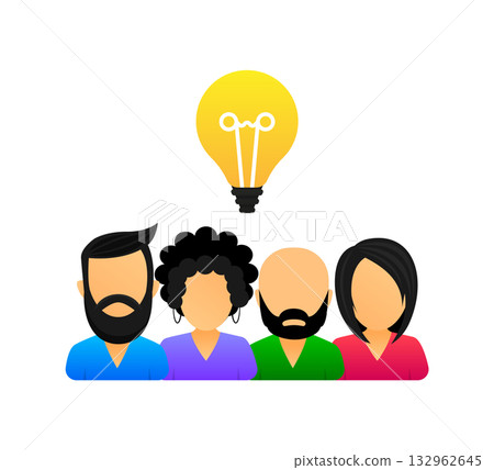 Teambuilding. Entrepreneurship concept. Presentation their startup idea to a small team. Team opinion, new idea concept, business people discuss with lightbulb. Vector illustration. Teambuilding. Entrepreneurship concept. Presentation their startup idea to a small team. Team opinion, new idea concept, business people discuss with lightbulb. Vector illustration. 132962645