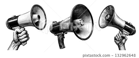 Megaphones engraving set. Megaphone in hand, bullhorn voice sound speaker news rally protest activism media vintage retro monochrome drawing vector illustration Megaphones engraving set. Megaphone in hand, bullhorn voice sound speaker news rally protest activism media vintage retro monochrome drawing vector illustration 132962648