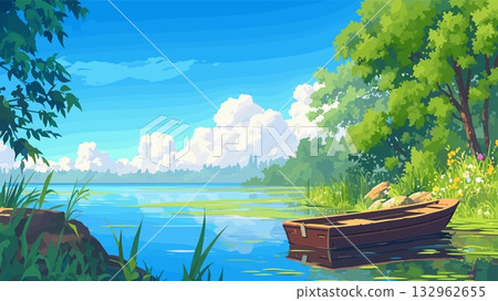 Lake background cartoon. Moored wooden boat, summer nature forest river village landscape vector illustration Lake background cartoon. Moored wooden boat, summer nature forest river village landscape vector illustration 132962655