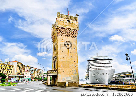 Leon Pancaldo Tower in the port of Savona, Italy, Liguria region, next to the cruise ship port Leon Pancaldo Tower in the port of Savona, Italy, Liguria region, next to the cruise ship port 132962660