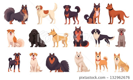 Dogs cartoon set. Dog, Collie Labrador Retriever Rottweiler Chow Chow German Shepherd Basenji Border Collie Cocker Spaniel Longhaired Shepherd Border Collie Weimaraner Doberman Beagle Shetland 132962676