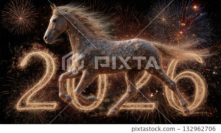 Horse galloping with fireworks and sparkling 2026 new year celebrations 132962706