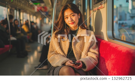 Asian woman listening to music on train at sunrise in white coat, japan journey 132962725