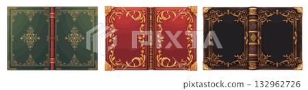 Book cover set. Green red black gold cover, spread layout corners ornament vintage Victorian ornament vector illustration Book cover set. Green red black gold cover, spread layout corners ornament vintage Victorian ornament vector illustration 132962726