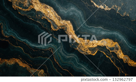 Elegant black green and gold marble texture with wavy patterns, natural stone details background Elegant black green and gold marble texture with wavy patterns, natural stone details background 132962797