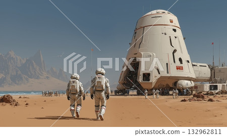 Astronauts walking in mars desert landscape with futuristic spacecraft and rugged mountains 132962811