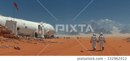 Futuristic mars base with astronauts walking on red desert, rocky mountains in background 132962812