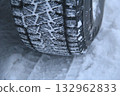 Tread blocks of winter tire packed with the snow detailed photo Tread blocks of winter tire packed with the snow detailed photo 132962833