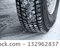 Tread area of winter tire packed with the snow close up Tread area of winter tire packed with the snow close up 132962837