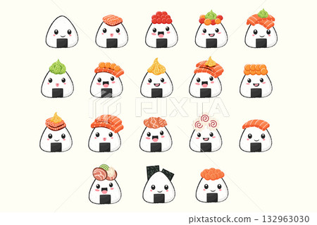 Big vector set of cute cartoon onigiri characters with funny faces. Japanese rice balls with emotions. Kawaii Asian food illustration for banners, web design, branding, and advertising materials Big vector set of cute cartoon onigiri characters with funny faces. Japanese rice balls with emotions. Kawaii Asian food illustration for banners, web design, branding, and advertising materials 132963030