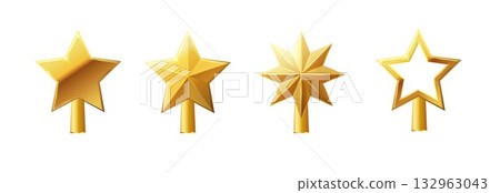Christmas gold tree topper vector. 3d realistic golden star decoration in , decorative traditional shiny design for top of Xmas pine tree. Vector 132963043