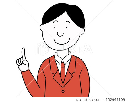 Illustration of a man in a suit looking up and pointing with a smile 132963109