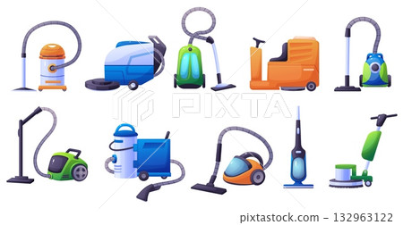 Cartoon floor clean tools. Vacuum cleaners for dry and wet house or office clean. Professional cleaning service tool, industrial cleaners devices, nowaday vector clipart 132963122