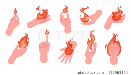 Hot fires in hands. Human hand holding burning flames. Flammable elements in arm, magic fantasy fire tale. Wizards fireballs, magical racy vector clipart 132963124