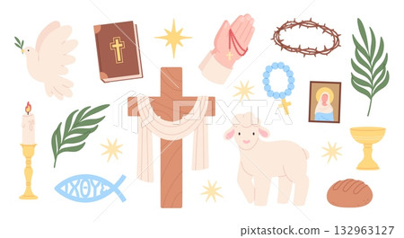 Religious christian signs. Christianity symbols, orthodoxal catholic symbols. Christmas, easter holiday elements. Praying hands, bible, cross, sheep, racy vector set Religious christian signs. Christianity symbols, orthodoxal catholic symbols. Christmas, easter holiday elements. Praying hands, bible, cross, sheep, racy vector set 132963127