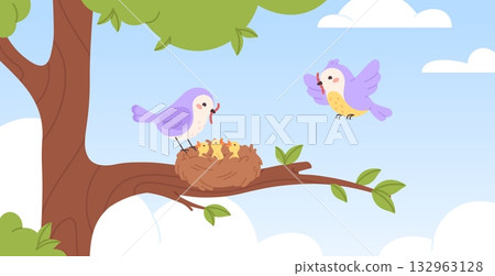 Bird nest on tree. Birds feeding chicks in nest, forest or garden. Raising babies in wild animal family. Flying characters and nest, racy vector illustration 132963128