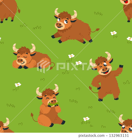 Funny yak seamless pattern. Cartoon yak various poses on green meadow. Funny childish farm cattle animals. Cute print template design, classy vector background Funny yak seamless pattern. Cartoon yak various poses on green meadow. Funny childish farm cattle animals. Cute print template design, classy vector background 132963131