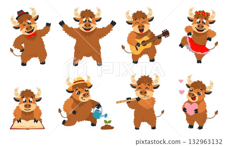 Funny cartoon yak. Isolated yak, cute farm characters dancing, play music, planting and reading book. Children cattle mascots, classy vector set Funny cartoon yak. Isolated yak, cute farm characters dancing, play music, planting and reading book. Children cattle mascots, classy vector set 132963132