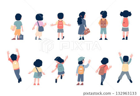 School kids back view. Little students with backpacks walking, jumping, running and stand. Children go to preschool or home, back side recent vector characters School kids back view. Little students with backpacks walking, jumping, running and stand. Children go to preschool or home, back side recent vector characters 132963133