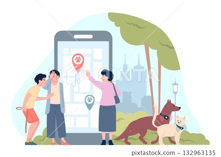 Pet gps tracker. People using trackers for pets. Owners lost their dog and cat and finding on smartphone app with navigation pin. Animal search, recent vector concept Pet gps tracker. People using trackers for pets. Owners lost their dog and cat and finding on smartphone app with navigation pin. Animal search, recent vector concept 132963135