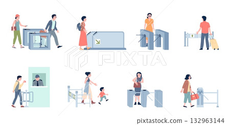 Turnstile entrance with people. Automatic barriers for passengers, workers, customers. Person entry in supermarket, subway, railway, recent vector scenes Turnstile entrance with people. Automatic barriers for passengers, workers, customers. Person entry in supermarket, subway, railway, recent vector scenes 132963144