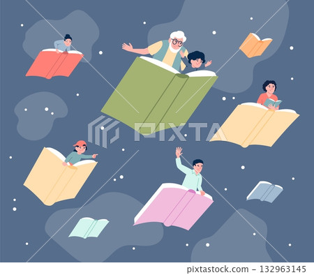 Flying with book. People fly on different books. Education open new horizons, exploration world with literature. Creative mind and fantasy, recent vector scene Flying with book. People fly on different books. Education open new horizons, exploration world with literature. Creative mind and fantasy, recent vector scene 132963145
