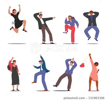 Happy people diverse cartoon characters celebrating success and luck winning lottery isolated set 132963386