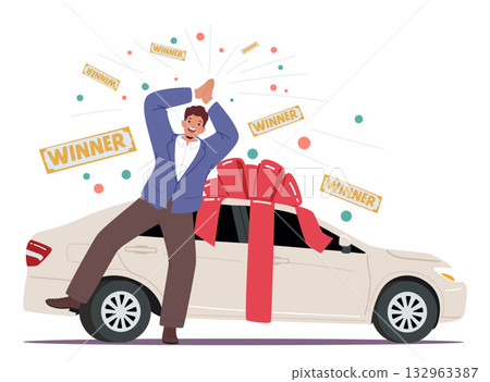 Happy lucky man celebrating winning car expressing joyfulness and excitement of dream come true 132963387