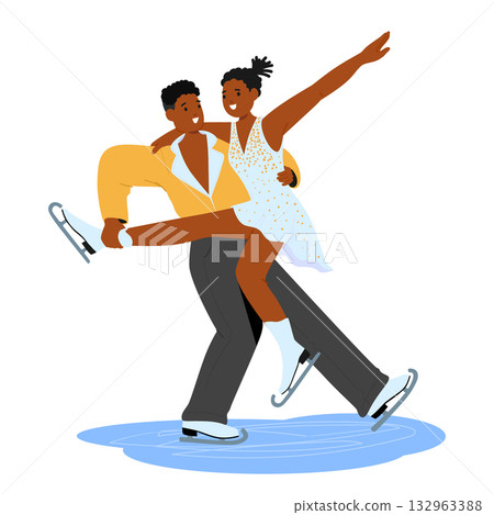 Man and woman figure ice-skaters performing dance on ice rink together isolated on white background 132963388