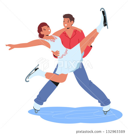 Male and female couple figure ice-skater cartoon characters presenting theatrical ice performance 132963389