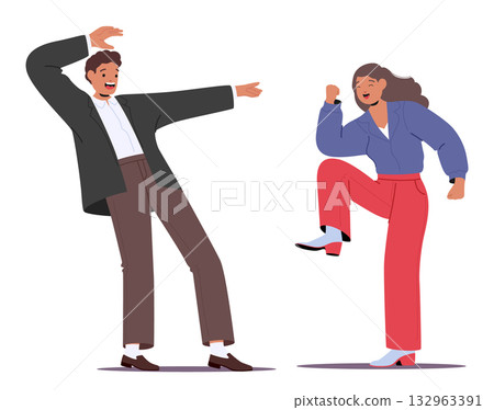 Happy stylish man and woman cartoon characters dancing with cheerful expression isolated on white Happy stylish man and woman cartoon characters dancing with cheerful expression isolated on white 132963391