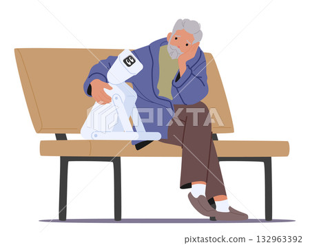 Senior man cartoon character peacefully sitting on wooden park bench with futuristic mechanical pet 132963392