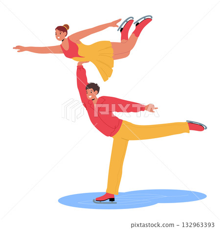 Professional couple of figure ice-skaters cartoon characters showcasing olympic performance Professional couple of figure ice-skaters cartoon characters showcasing olympic performance 132963393