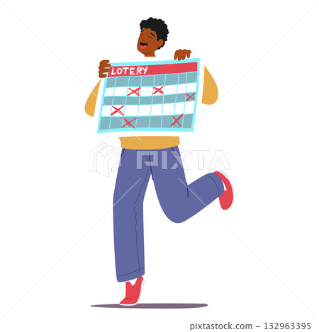 Happy man character holding lottery ticket with lucky numbers celebrating success isolated on white 132963395