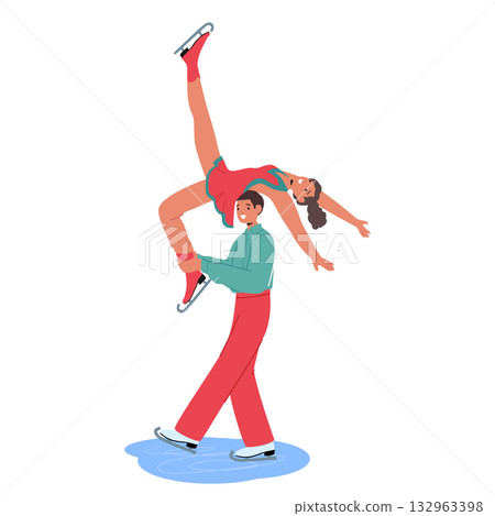 Man woman pair of figure ice-skaters cartoon characters making show on ice rink isolated on white 132963398