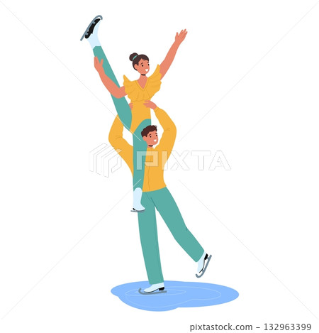 Man holding woman on shoulders, couple figure ice-skaters showcasing professional ice dance Man holding woman on shoulders, couple figure ice-skaters showcasing professional ice dance 132963399