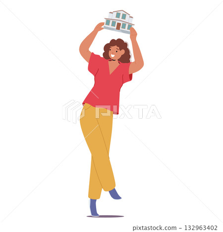Happy woman cartoon character raising model of home over head rejoicing win real estate in lottery Happy woman cartoon character raising model of home over head rejoicing win real estate in lottery 132963402