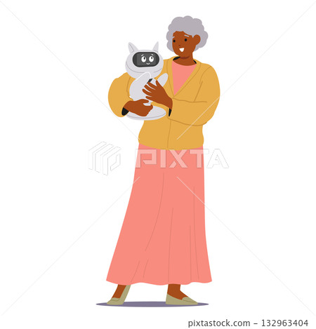 Happy elderly woman cartoon character holding cute mechanical cat isolated on white background 132963404
