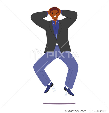 Overjoyed man cartoon character jumping up holding head with hands isolated on white background Overjoyed man cartoon character jumping up holding head with hands isolated on white background 132963405
