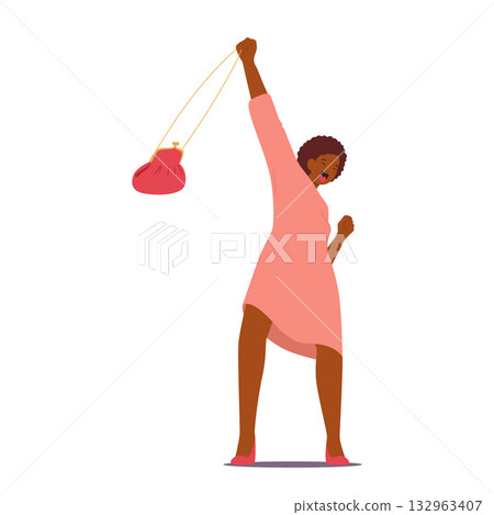 Crazy adult woman winner cartoon character spinning bag over head shining happiness and joy 132963407