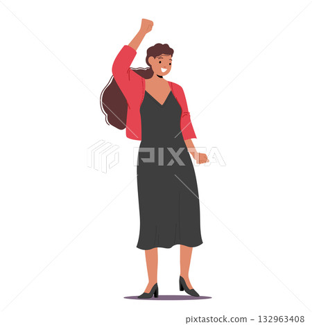 Happy smiling woman cartoon character raising hand rejoicing win celebrating gesturing success 132963408