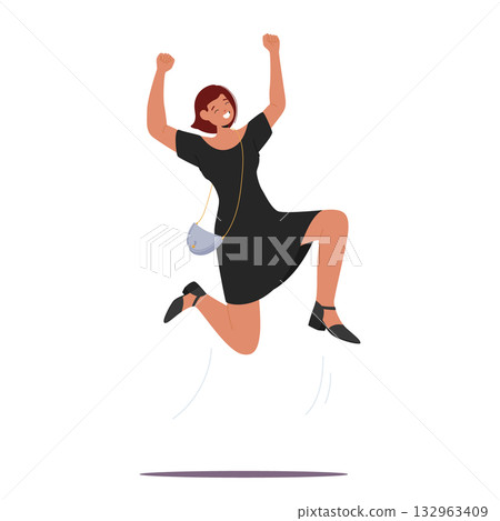 Happy lucky woman cartoon character rejoicing celebrating jumping up high with raised hands Happy lucky woman cartoon character rejoicing celebrating jumping up high with raised hands 132963409